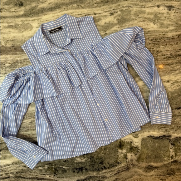 Blue Striped Cold Shoulder Flounce Ruffle Top - Picture 2 of 5